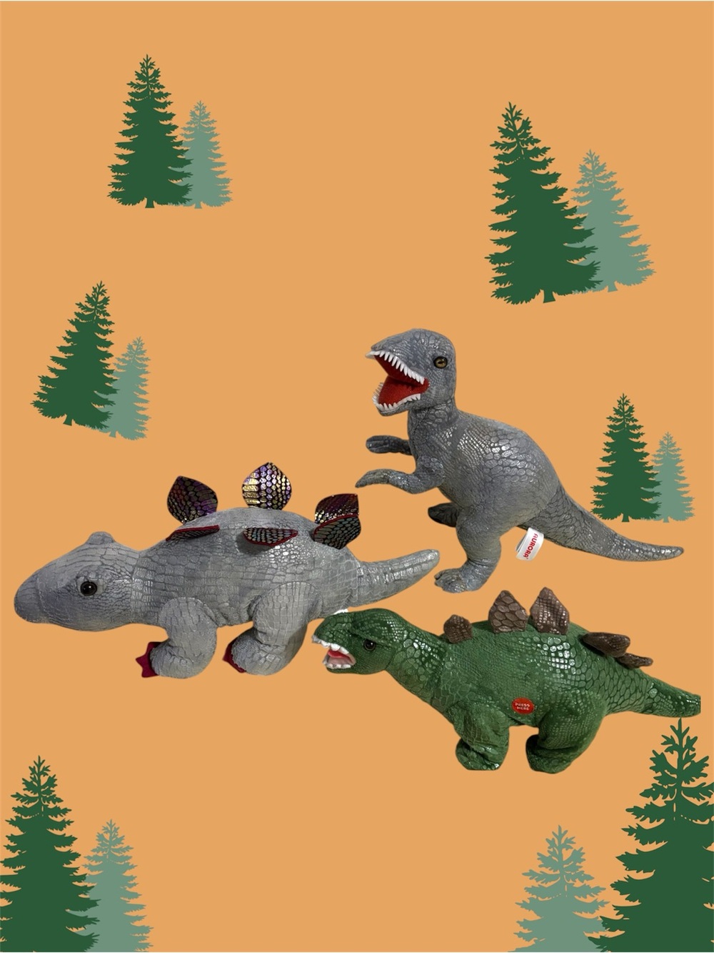 Kids Plush Dinosaur Trio - Grey and Green Soft Dino Set